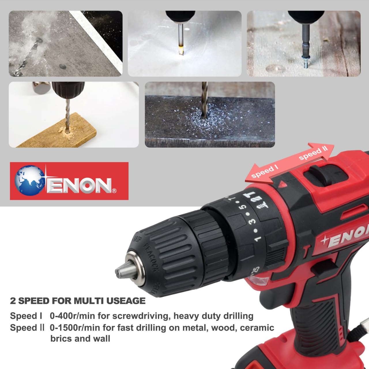 Enon Cordless Impact Drill for Home Use, 12.6V, 1500Rpm, Chuck 10mm, 25 Level Torque, F/R Trigger, 2 Modes, Magnetic Base, 2X1.5Ah Batteries, Keyless Chuck, Drill Kit - 6 Month Warranty (XE-CD1610) Enon Cordless Impact Drill for Home Use, 12.6V, 1500Rpm, Chuck 10mm, 25 Level Torque, F/R Trigger, 2 Modes, Magnetic Base, 2X1.5Ah Batteries, Keyless Chuck, Drill Kit - 6 Month Warranty (XE-CD1610)